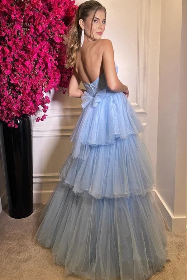 A Line net blue tiered net sweetheart floor length gown