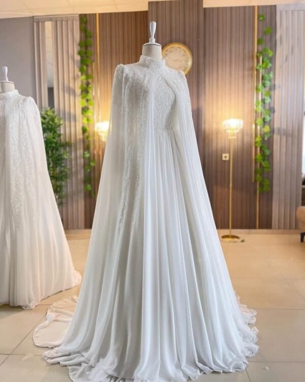 White wedding gown detailed with bugle beads