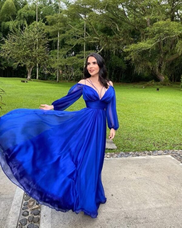 Blue chiffon long A Line prom dress