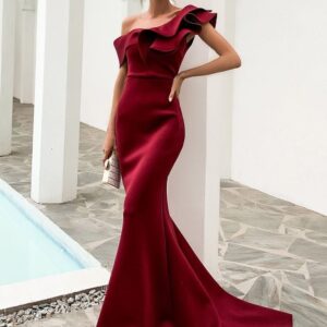 Burgundy off the shoulder ruffled mermaid evening outfit