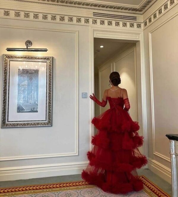 Chanel red ruffled ball gown