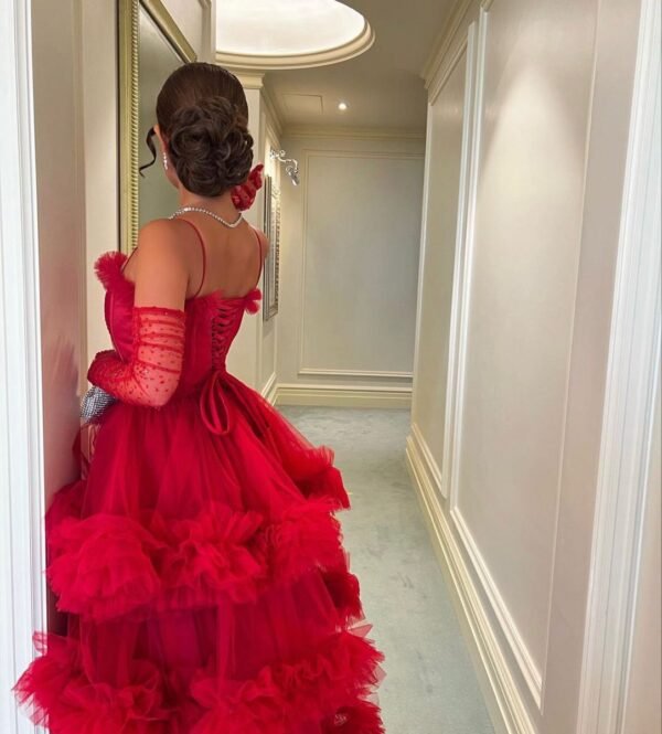 Chanel red ruffled ball gown