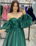 Green puff sleeved off the shoulder gown