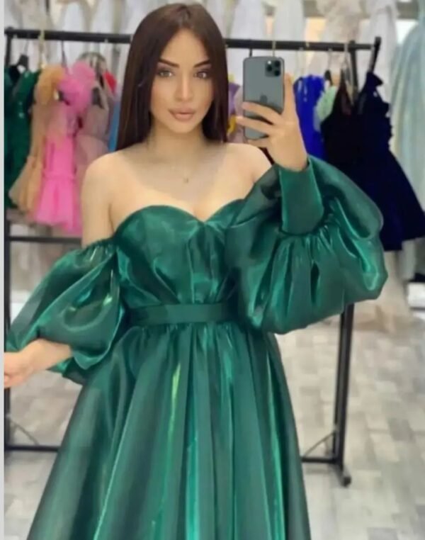 Green puff sleeved off the shoulder gown