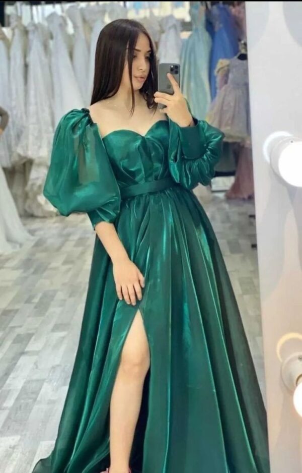 Green puff sleeved off the shoulder gown