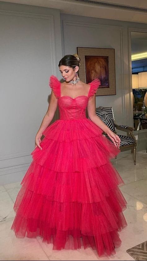 Hot Pink A Line ruffle long prom gown - Vintage Touch Studio