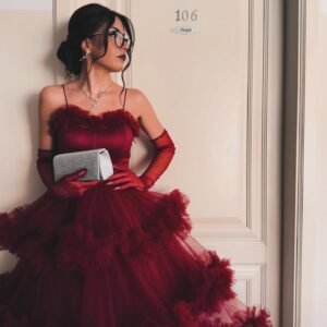 Chanel red ruffled ball gown