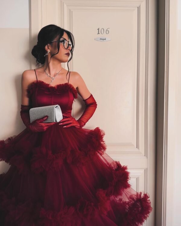 Chanel red ruffled ball gown