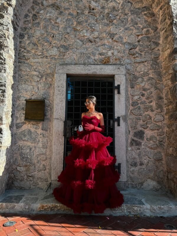 Chanel red ruffled ball gown