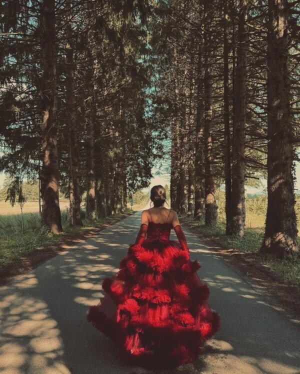 Chanel red ruffled ball gown