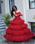 Chanel red ruffled ball gown