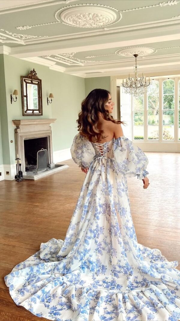 Shyla floral print detached sleeves evening gown