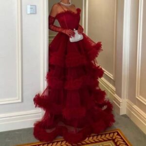 Chanel red ruffled ball gown