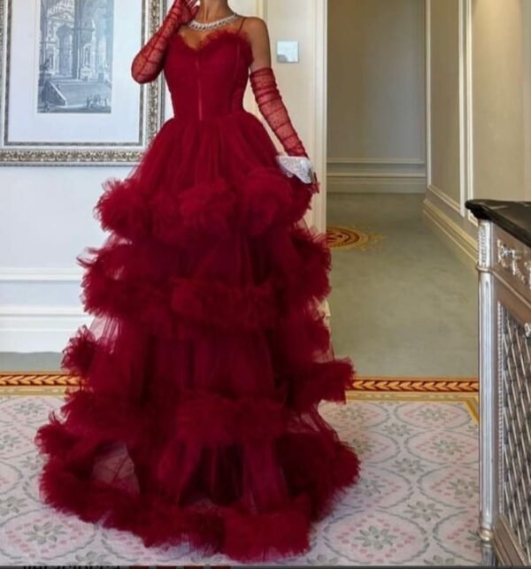 Chanel red ruffled ball gown