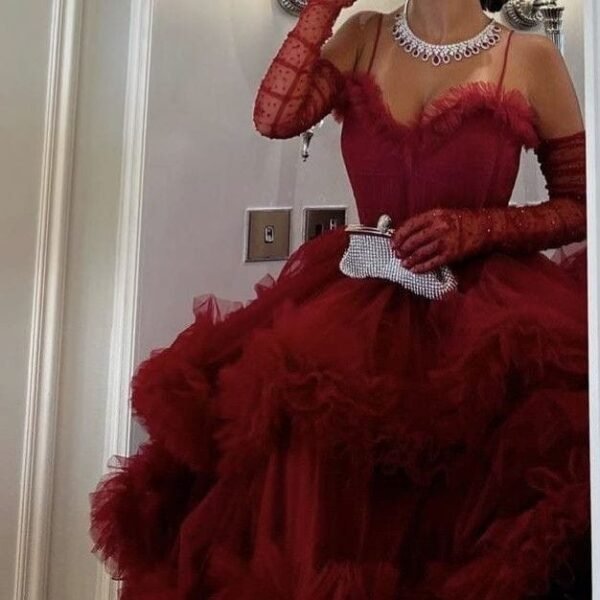 Chanel red ruffled ball gown