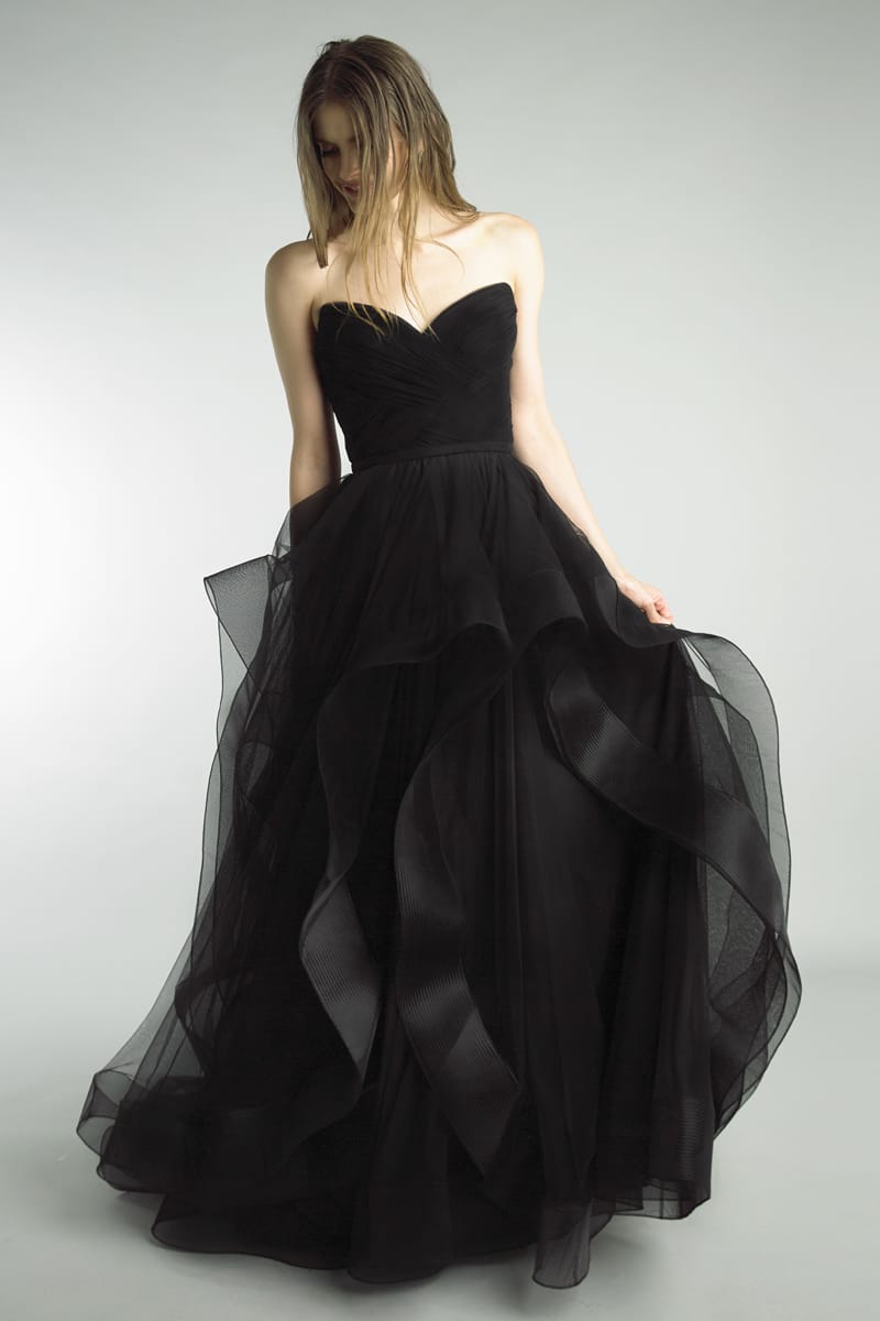 A-line black ruffled tulle floor-length gown.