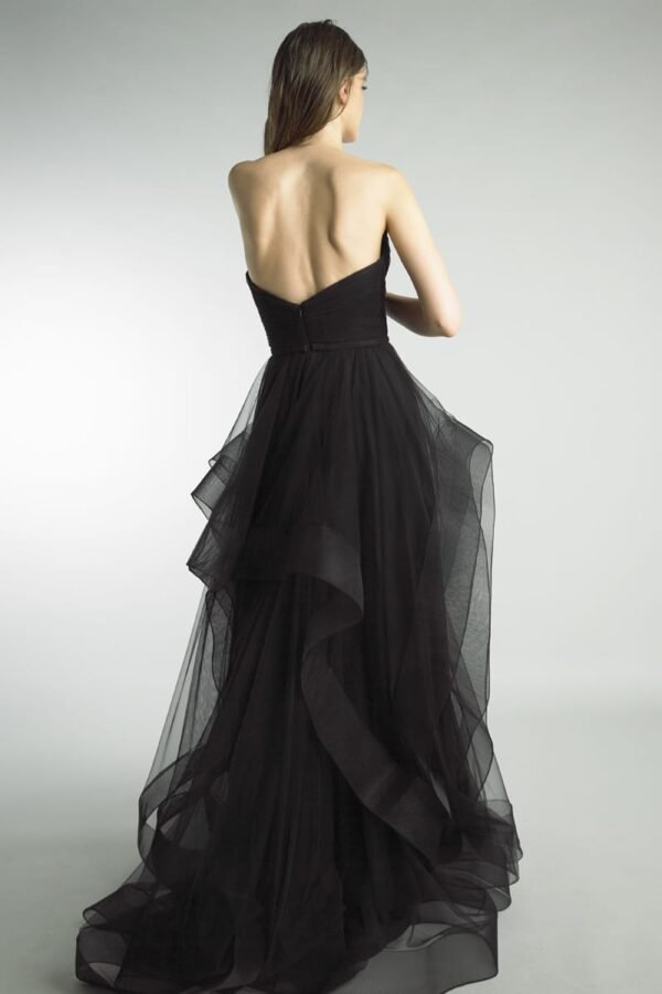 A-line black ruffled tulle floor-length gown.