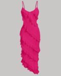 Spaghetti Strap Ruffle Trim Asymmetrical Cami Dress in Red