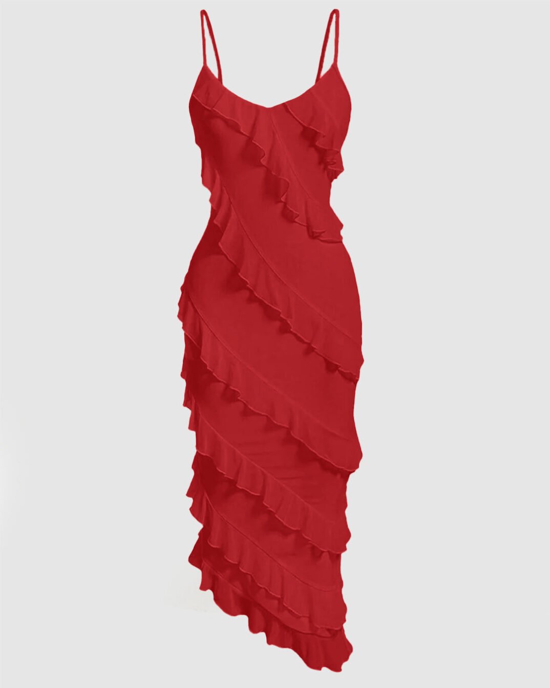 Spaghetti Strap Ruffle Trim Asymmetrical Cami Dress in Red