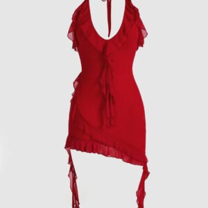 Halter Neck Ruffle Mini Dress in Red