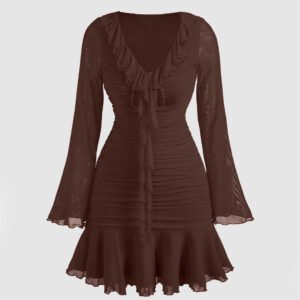 Brown Solid Color Ruffle Hem Long Sleeve Midi Dress