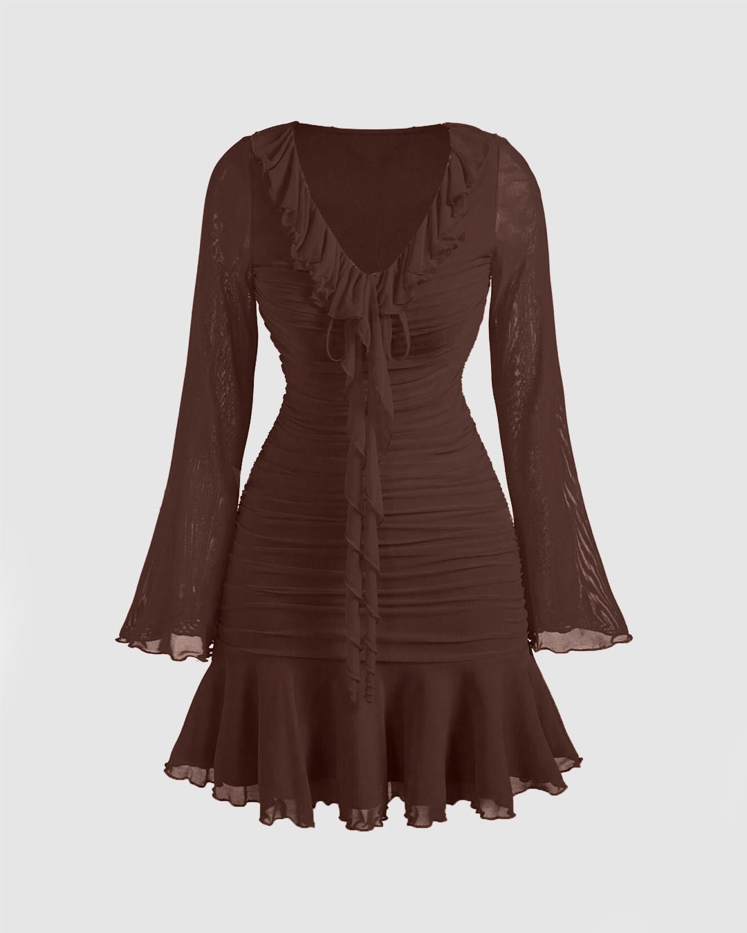 Brown Solid Color Ruffle Hem Long Sleeve Midi Dress