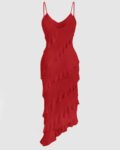 Spaghetti Strap Ruffle Trim Asymmetrical Cami Dress in Red