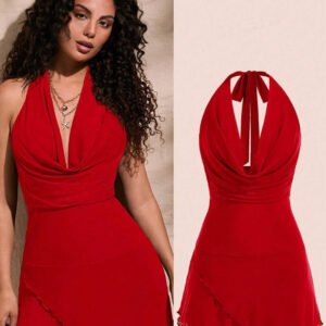 Red Mesh Halter Knotted Cowl Neck Mini Dress