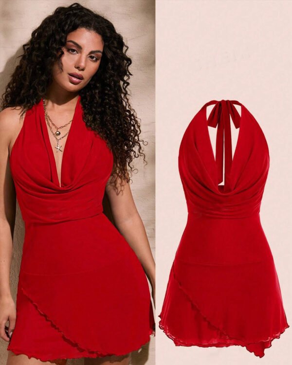 Red Mesh Halter Knotted Cowl Neck Mini Dress