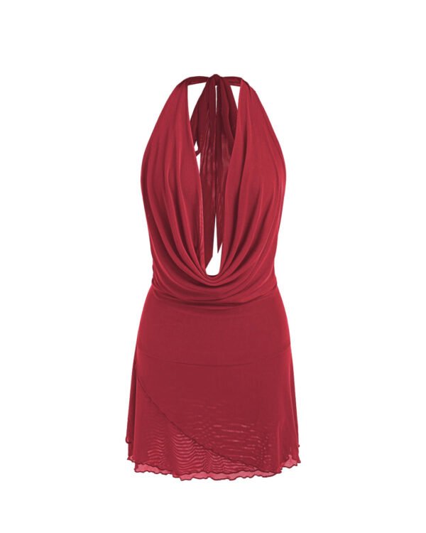 Red Mesh Halter Knotted Cowl Neck Mini Dress