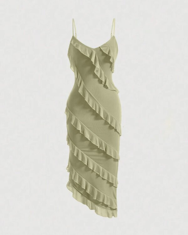 Spaghetti Strap Ruffle Trim Asymmetrical Cami Dress in Red