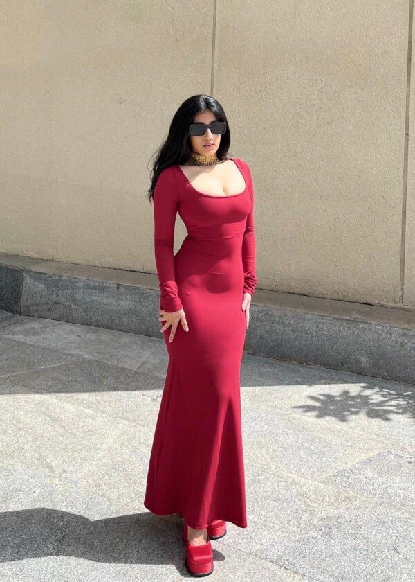 Dark red rosette long sleeves bodycon dress