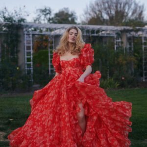 Floral print ruffled side slit organza outfit
