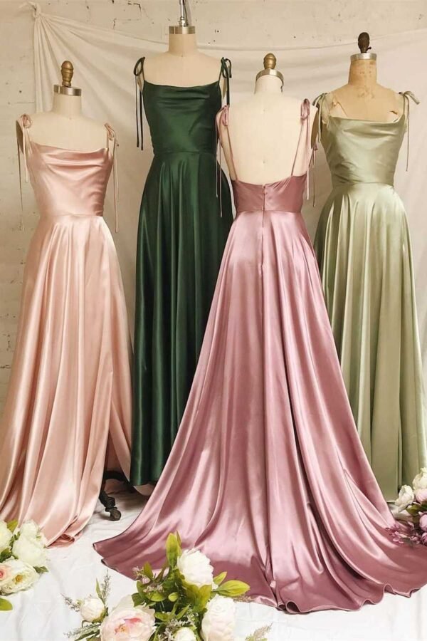 Satin spaghetti strap cowl neck prom outfit