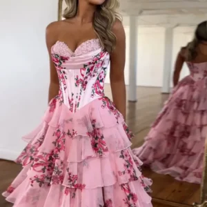 Pink floral corset prom outfit