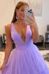 Plunge neckline ruffled prom outfit