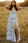 Waist cutout outfit with intricate ruffles on each tier