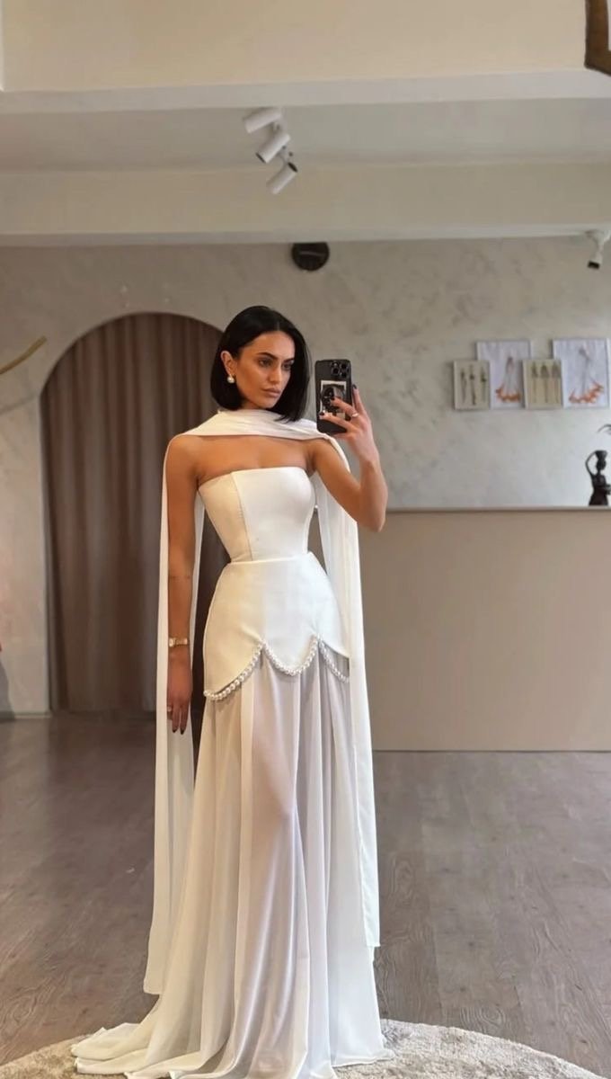 White pearl structured outfit with sheer skirt