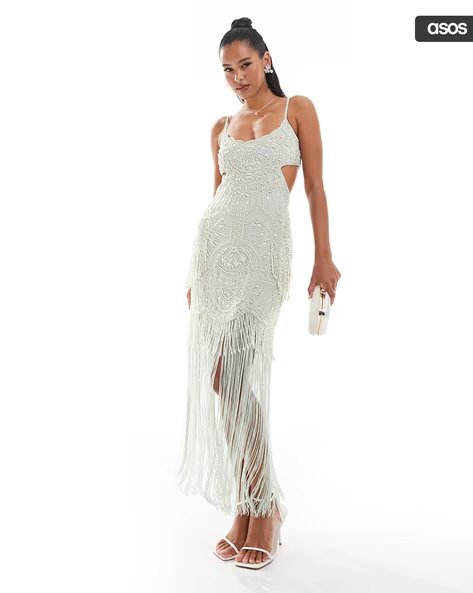 White waist cutout embellished outfit with flowing fringes