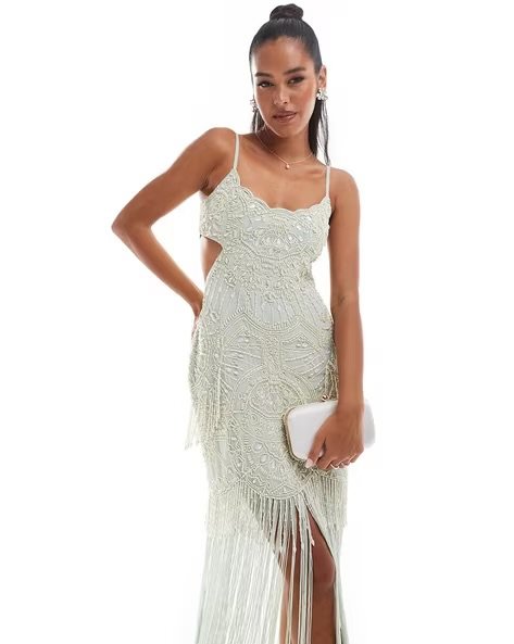 White waist cutout embellished outfit with flowing fringes