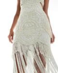 White waist cutout embellished outfit with flowing fringes
