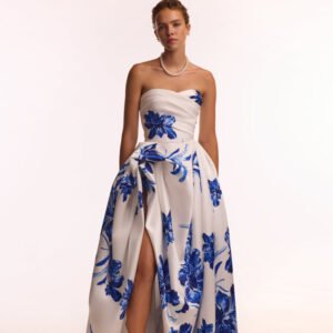 White a-line outfit with bold blue flowers