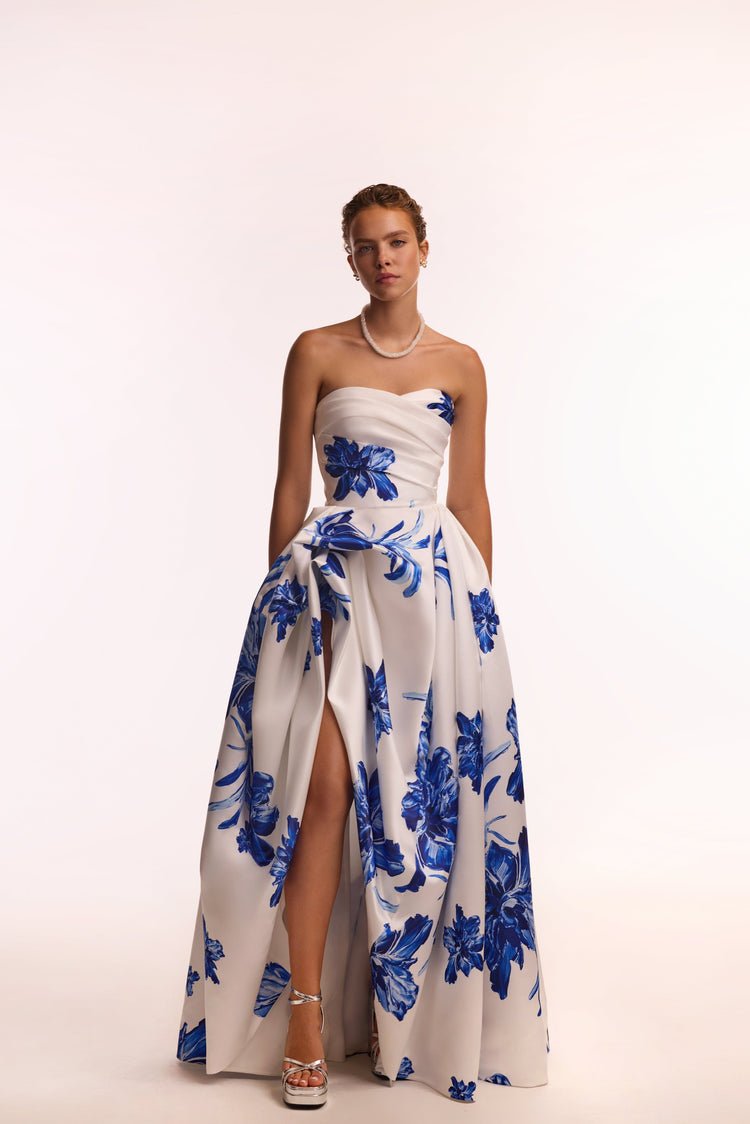 White a-line outfit with bold blue flowers