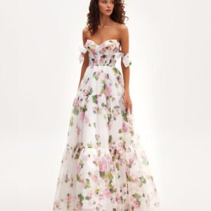 Blooming floral print a-line organza outfit