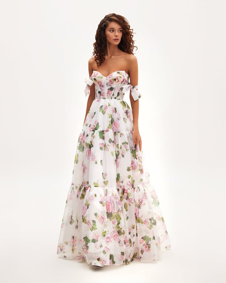 Blooming floral print a-line organza outfit