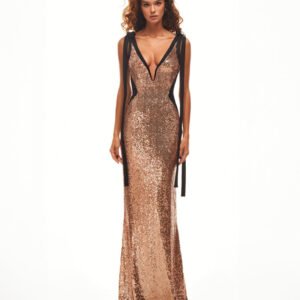 Gold-black deep v neckline sequin evening outfit