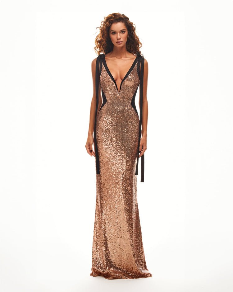 Gold-black deep v neckline sequin evening outfit