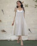 White A-line striped midi outfit