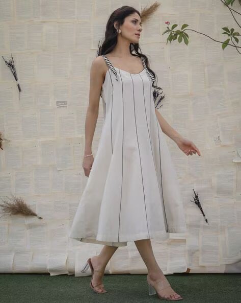 White A-line striped midi outfit
