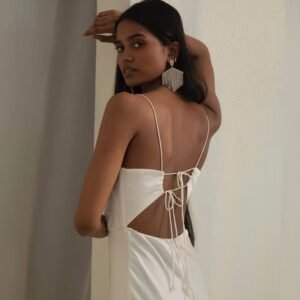 White tied back satin midi outfit